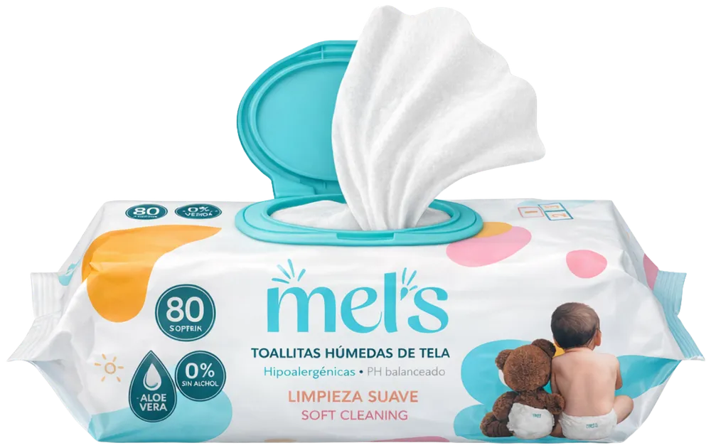 Pack de toallitas húmedas Mel's Wipes con tapa abierta